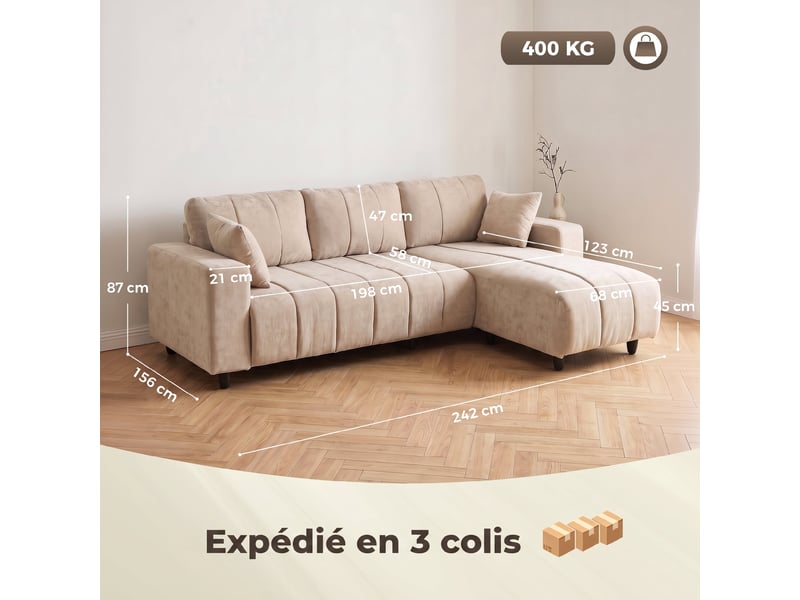  Canapé d'angle modulable 242 cm, canapé 4 places en l avec méridienne réversible, 2 oreillers, tissu aspect lin, beige  - Conforama C