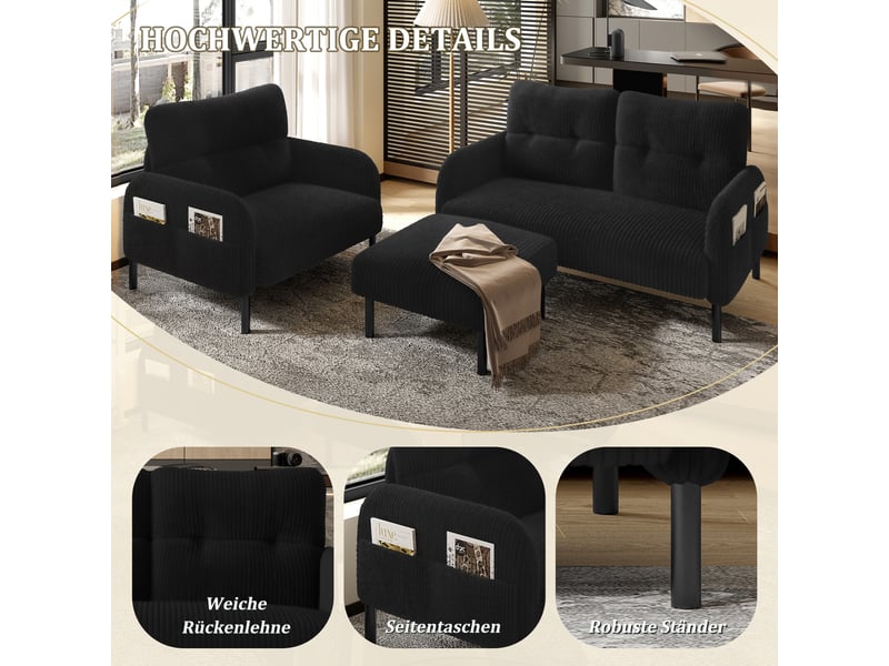  Canapé 2 places noir en velours côtelé avec fauteuil et pouf, pochette latérale intégrée pour salon  - Conforama E