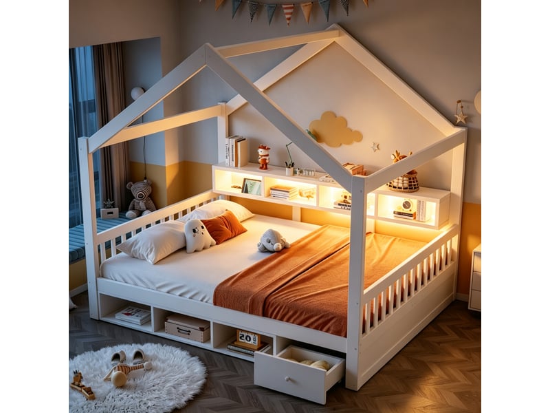  Lit cabane au sol 140x200cm avec toit, garde-corps, étagères, rangements, tiroirs, led, prise et sommier à lattes, bois, blanc evarich - Conforama B