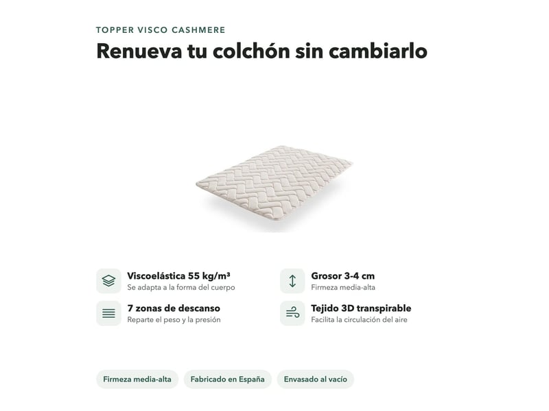  Surmatelas visco cashmere - mousse à mémoire de forme 55 kgm³, 3-4 cm et 7 zones de repos 8435720053401 - Conforama E