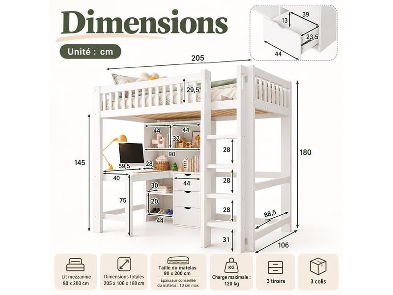 Lit mezzanine enfant 90 x 200 cm en bois avec bureau, étagères, 3 tiroirs, échelle et garde-corps, gain de place, blanc - Conforama C