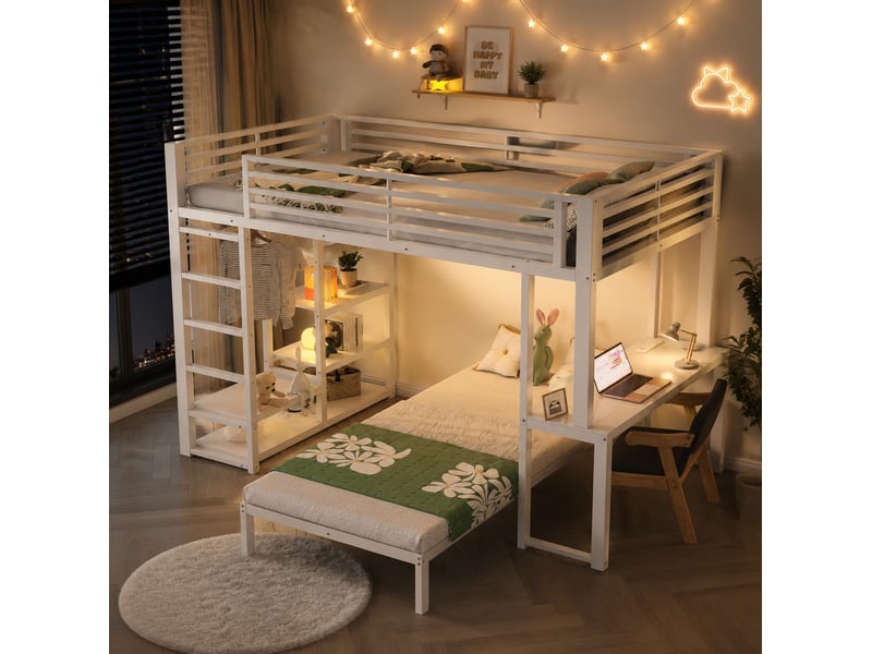 Lit mezzanine 90 × 200 cm avec lit coulissant, bureau, prise usb et type-c, étagères et rangement vêtements blanc - Conforama D