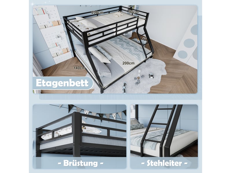  Lit superposé 90x200 cm – 2 couchages 90x200 et 140x200 avec échelle et barrières – métal – noir CozyNest - Conforama D