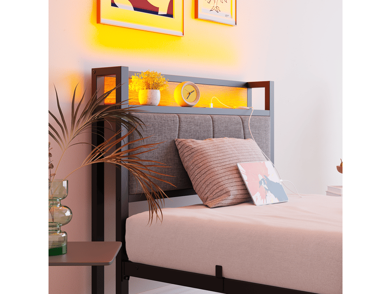  Lit 90x200cm, lit adulte cadre métal robuste, led intelligentes, tête de lit rangement usb, sans bruit, pas de sommier requis  - Conforama D