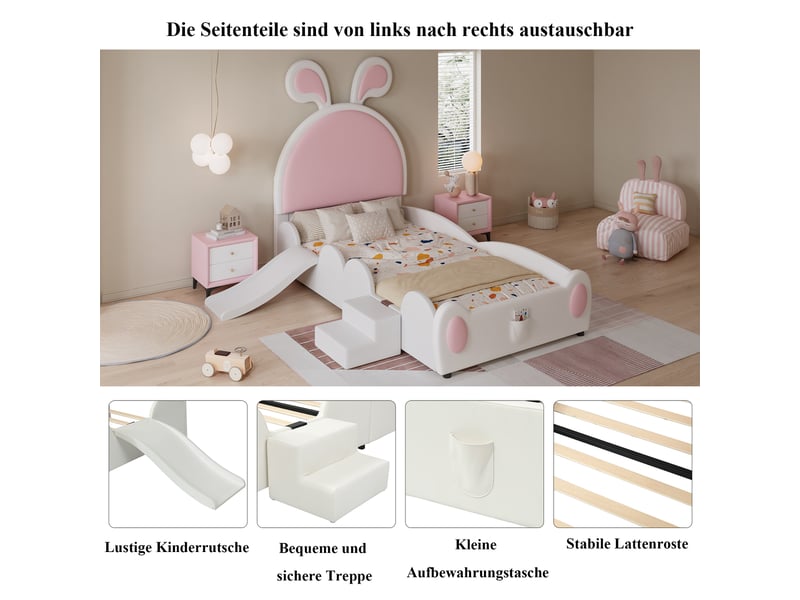  Lit enfant 90x200 cm avec tête de lit oreilles de lapin et sommier à lattes inclus  - Conforama E