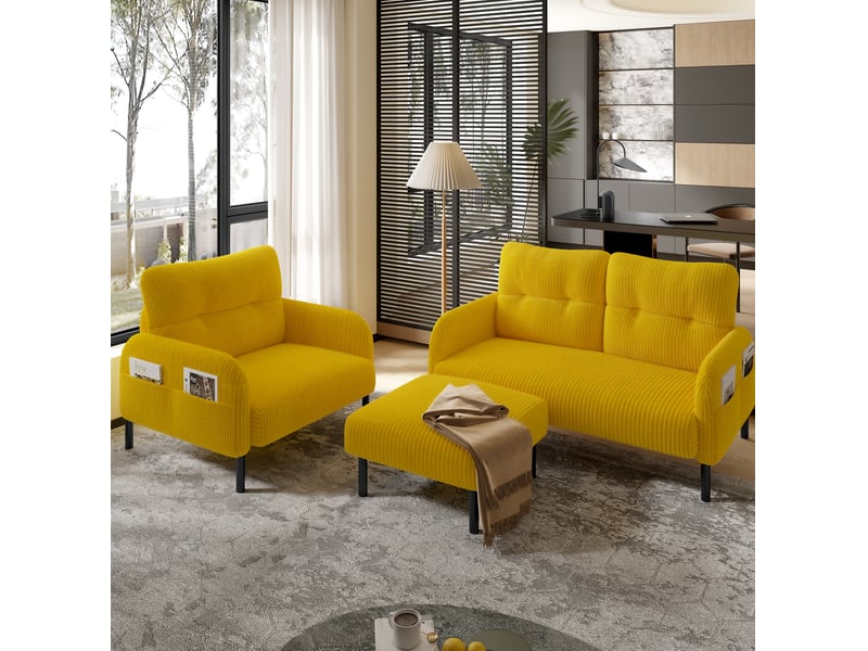  Fauteuil en velours côtelé jaune avec poches latérales  - Conforama D