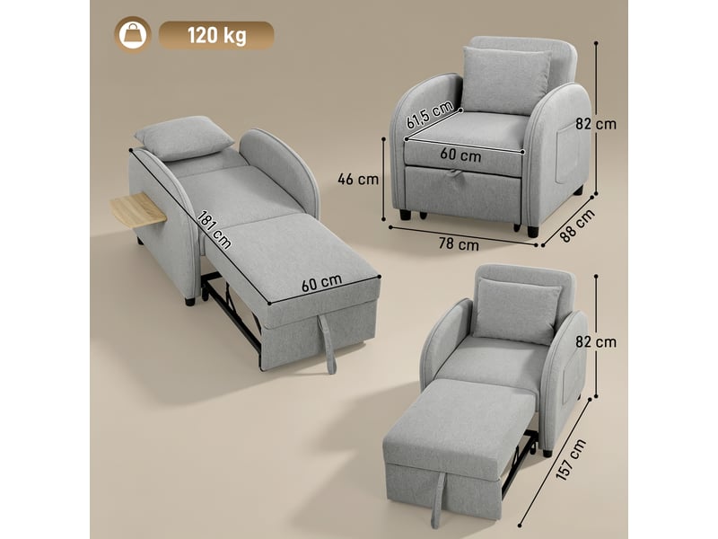  Fauteuil convertible 1 place, fauteuil-lit clic-clac 3 en 1, tablette latérale rabattable, dossier réglable, gris  - Conforama C
