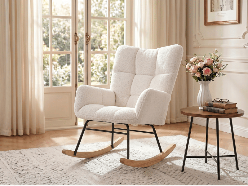  Tissu teddy fauteuil à bascule scandinave - rocking chair avec accoudoirs rembourrés - dossier haut ergonomique - support lombaire - 150 kg - beige  - Conforama R