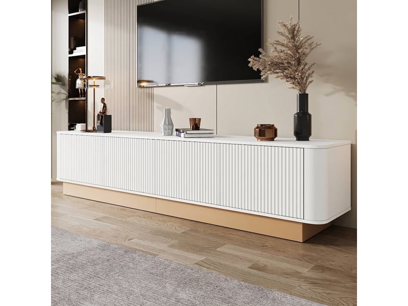 Meuble tv blanc 200 cm avec 4 portes, étagères réglables et coins arrondis  - Conforama D