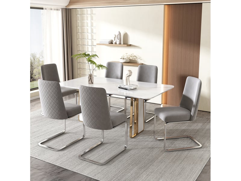  Lot de 6 chaises de salle à manger 42x52x88 cm en velours gris, dossier diamant, pieds métalliques argentés  - Conforama D