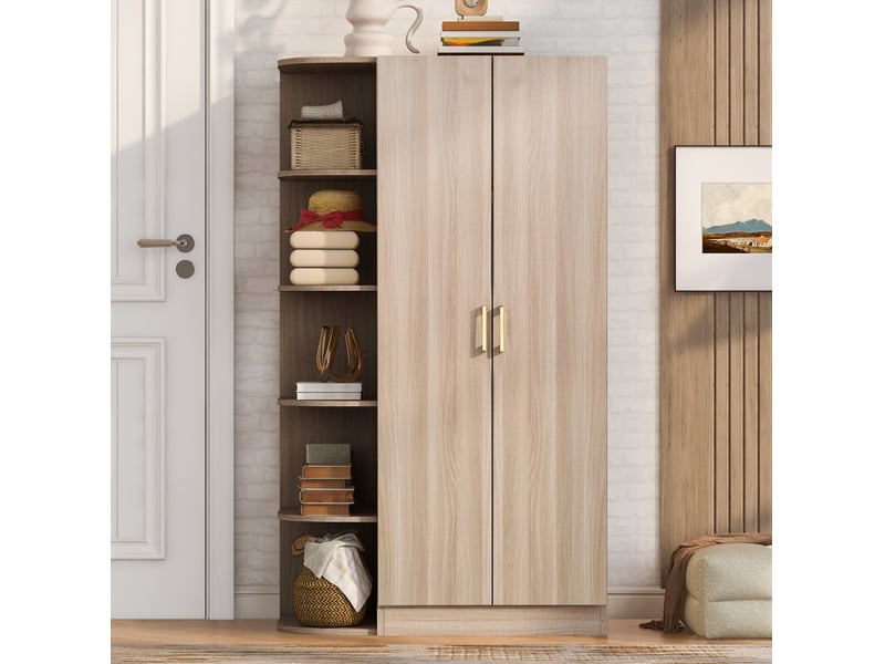 Armoire 2 portes 90 x 55 x 170 cm en mdf bois clair, rangements ouverts, tiroirs et penderie spacieuse - Conforama E