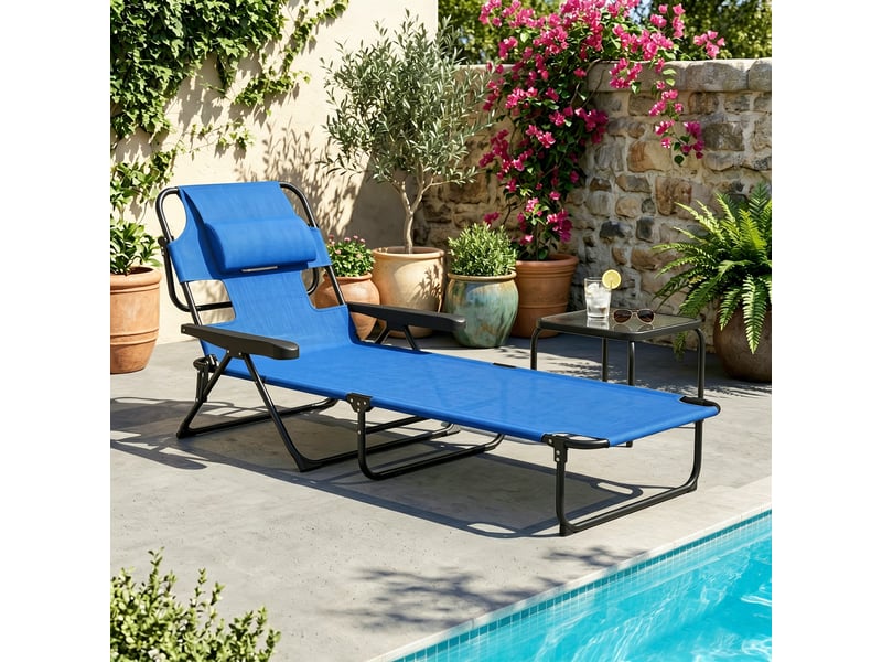  Chaise longue de jardin pliante avec dossier réglable, coussin et ouverture pour le visage, bleu foncé  - Conforama C
