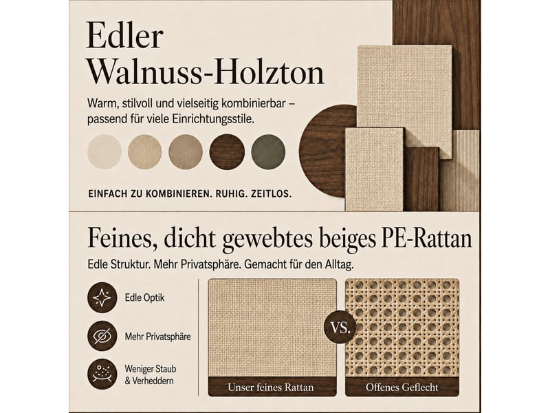 Armoire à vêtements 2 portes avec tringle, 2 tiroirs, niche ouverte, effet rotin, noyer et beige - Conforama R