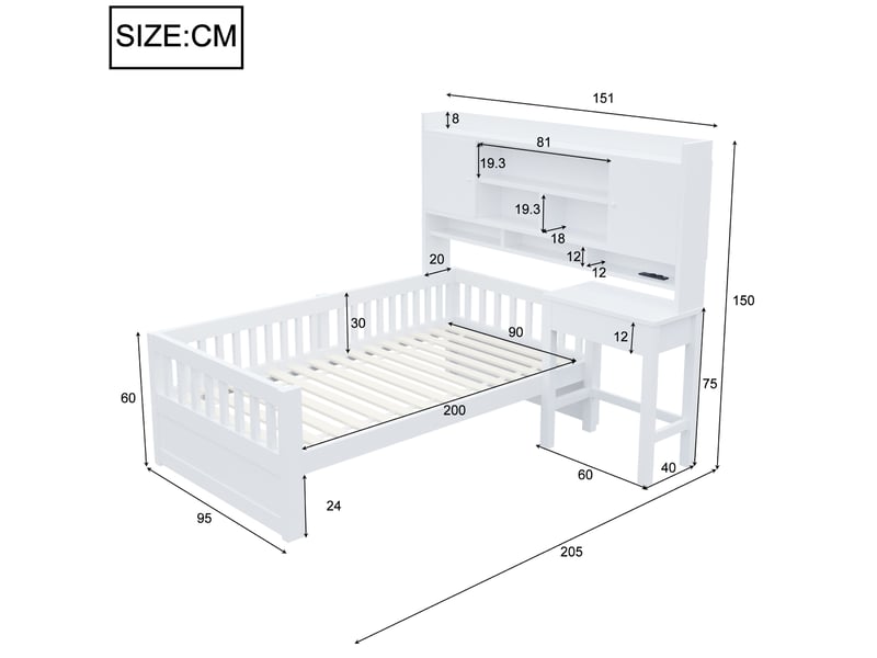  Lit enfant 90x200 cm, bureau à tiroirs, rangements, led, prise, barrières, bois, mdf, blanc et gris, sans matelas  - Conforama C