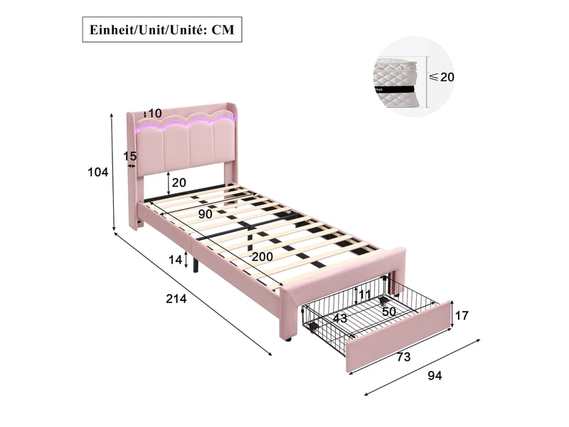  Lit enfant simple 90 × 200 cm avec tiroir, tablette, led contrôlée par application et sans matelas, rose  - Conforama E