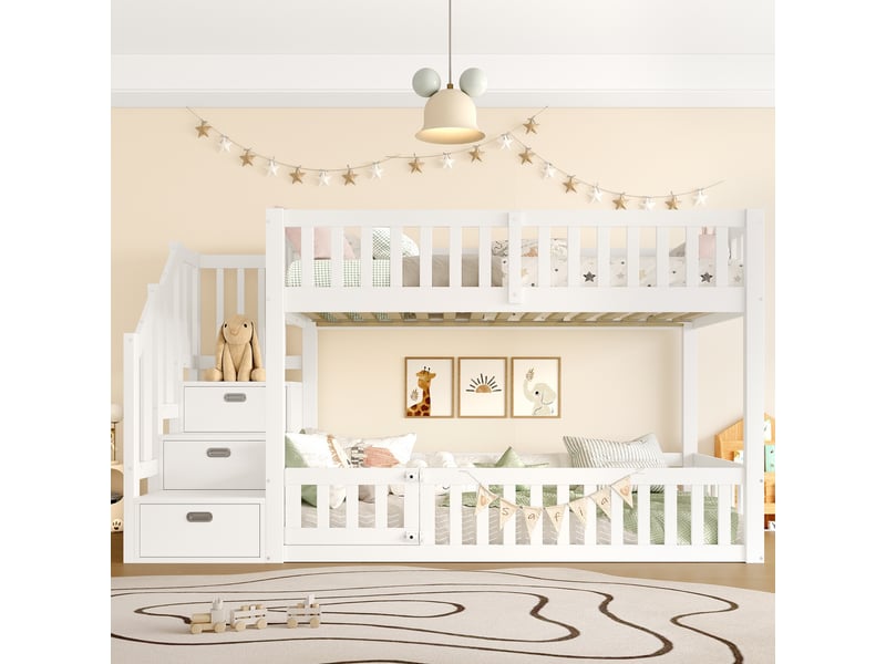  Lit superposé enfant 90x200, lit cabane bas avec escalier de rangement et barrière de sécurité, bois de pin massif et mdf style scandinave, blanc  - Conforama C