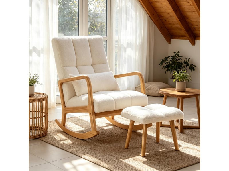  Rocking-chair avec repose-pied, coussin amovible et patins réglables, en bois et tissu bouclette blanc  - Conforama B
