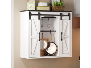 Buffet de cuisine - 80x31x76cm - meuble haut, armoire murale 2 portes coulissantes de grange, étagères & crochets - blanc