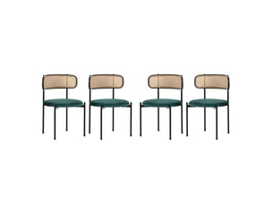 Lot de 4 chaises de salle à manger en velours vert avec 4 pieds en métal, dossier en rotin, sans accoudoirs