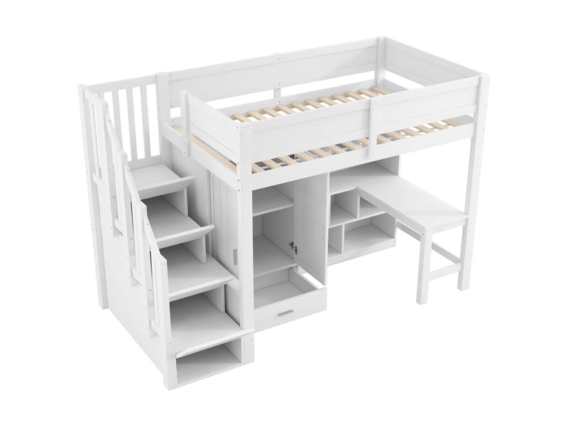  Lit mezzanine avec bureau 90 x 200 cm bureau intégré étagère intégrée armoire intégrée escalier de rangement éclairage led finition blanche  - Conforama A