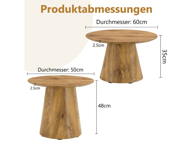  Lot de 2 tables d'appoint rondes 50x48+60x35 cm, table de salon, table basse, pour salon, mdf, élégante, couleur bois  - Conforama C