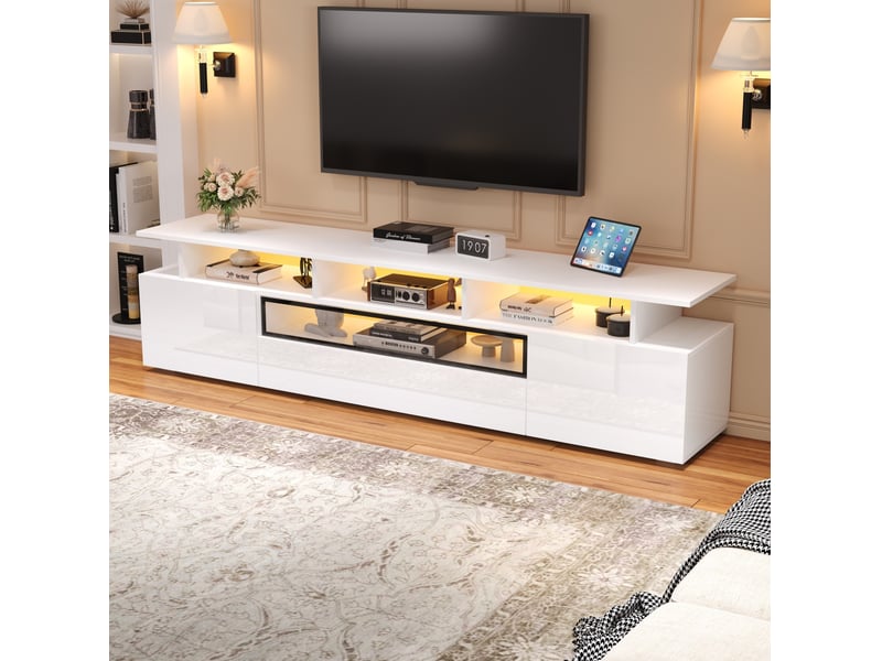  Meuble tv blanc 180 x 38 x 45 cm avec led, 2 placards, 1 tiroir et 10 espaces de rangement  - Conforama C