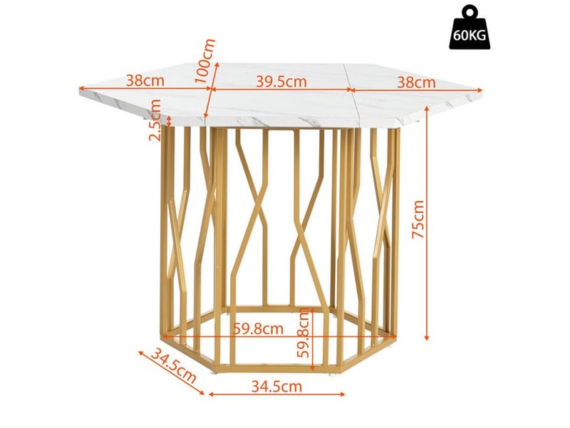  Table à manger hexagonale moderne – plateau en mdf marbré &amp; structure métal doré –style élégant pour salonsalle à manger 115.5x100x75cm - Conforama E