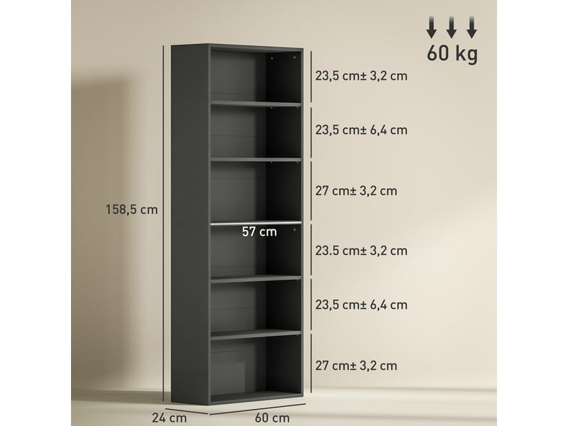 Bibliothèque étagère de rangement 6 niveaux avec étagères réglables pour salon, chambre, bureau, 60x24x158,5cm, noir  - Conforama E