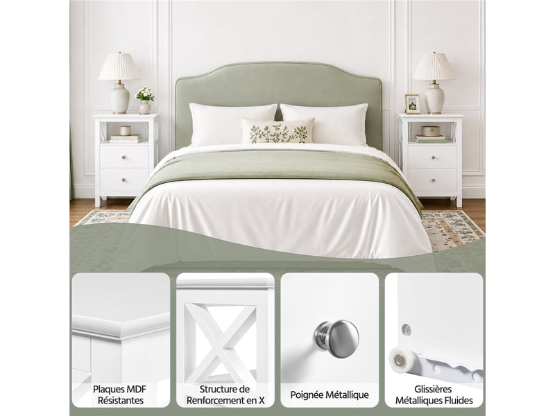  Lot de 2 tables de chevet scandinaves avec 2 tiroirs et étagère ouverte 40x30x60 cm blanc 616335 White(2pcs) - Conforama D