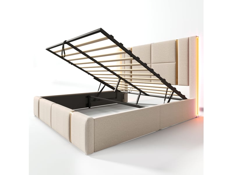  Lit coffre 160x200 cm avec led rgb, usb et type-c, beige, matelas inclus  - Conforama D