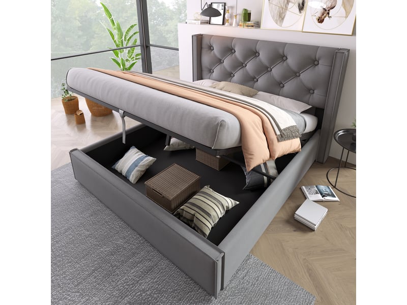  Lit coffre rembourré 140 x 200 cm en tissu coton gris, sommier à lattes, tête de lit capitonnée 830809AAG - Conforama B