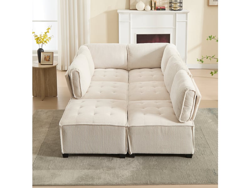  Canapé modulable 6 places 308x154x81,99 cm en velours côtelé beige  - Conforama R