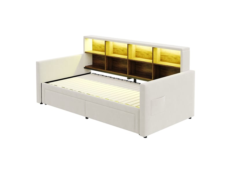 Lit gigogne enfant 90x190 cm canapé-lit avec led et tiroirs, velours, beige, sans matelas - Conforama R