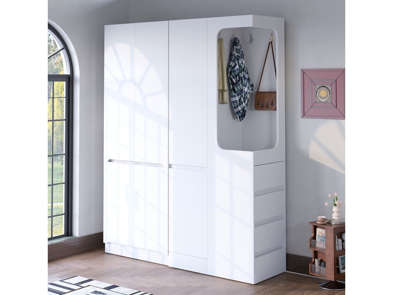  Armoire grand volume 140x40x170 cm, avec double porte et penderie ouverte, 4 tiroirs et rangements, bois, blanc  - Conforama E