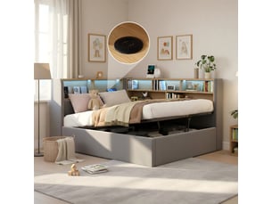 Lit banquette 90 × 200 cm 1 place avec coffre, led, usb et port type-c, sans matelas, en velours gris