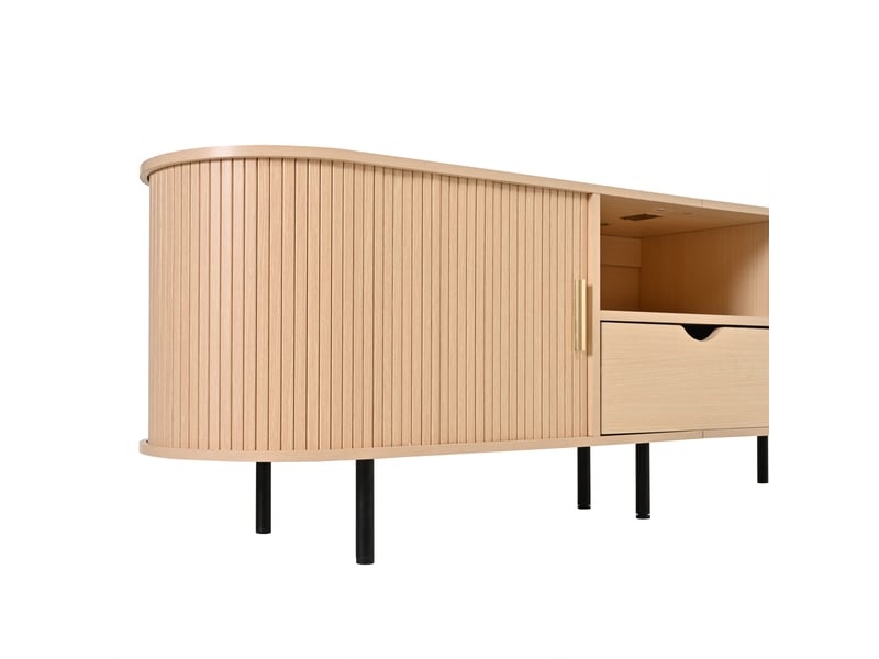  Meuble tv 175 cm naturel, porte coulissante à lamelles, tiroir et niches ouvertes Fay Lum - Conforama E