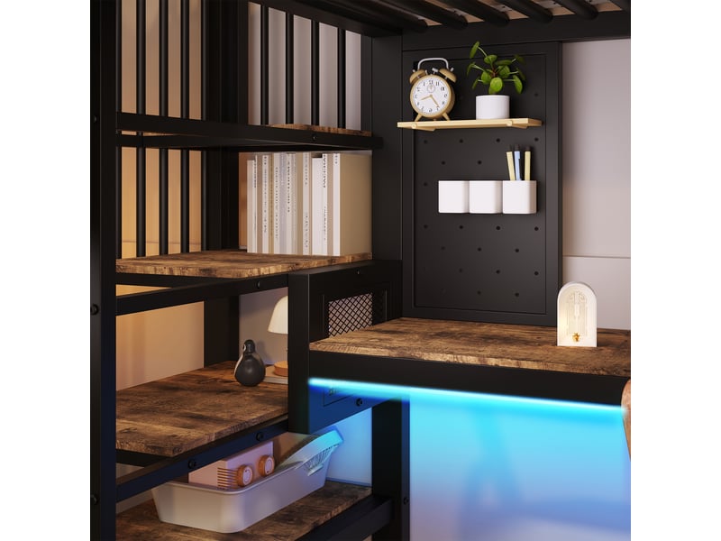  Lit mezzanine 140 × 200 cm, avec bureau, étagères de rangement, panneau perforé, prise de courant et ruban led, adapté aux enfants et adolescents, noir et marron  - Conforama D