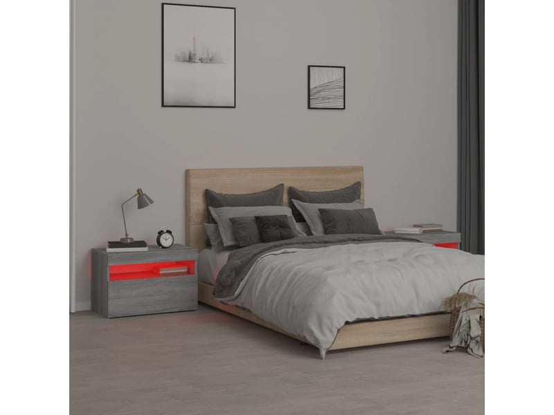  Lot de 2 tables de chevet - cabinet de chevet - table de nuit et lumières led sonoma gris 60x35x40 cm  - Conforama D
