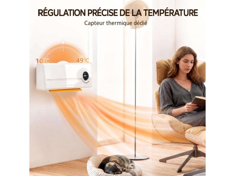  Chauffage mural intelligent avec télécommande et écran numérique, oscillation 30°, 10002000w, sécurité multiple  - Conforama D