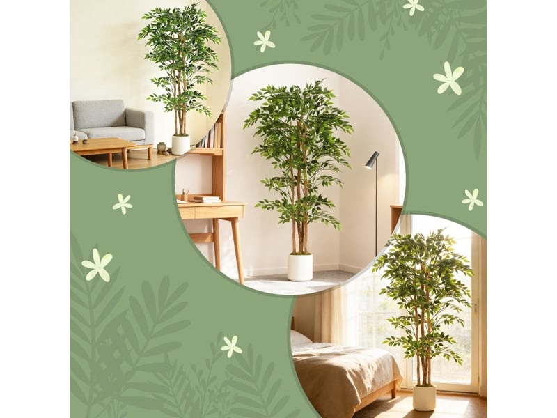  Arbre artificiel banyan 75 x 75 x 180 cm – vert – feuillage ajustable avec pot blanc lesté stable  - Conforama E
