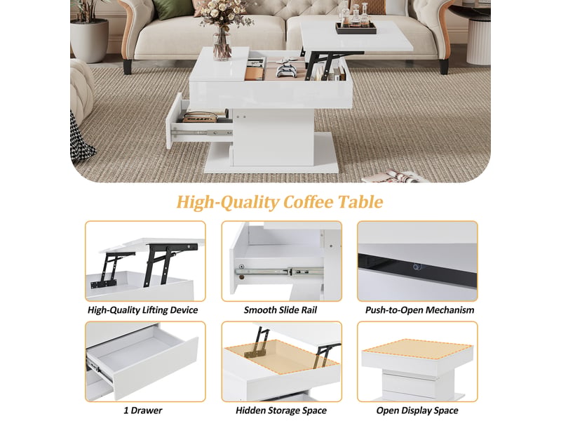  Table basse 70x70x45 cm avec plateau pivotant et rangement, aggloméré, blanc  - Conforama E