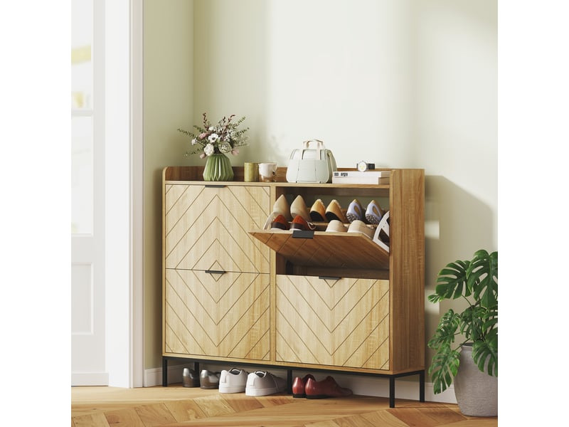  Meuble à chaussures étroit avec 4 tiroirs abattants et une étagère surélevée pour 16 paires de chaussures, idéal pour les petits espaces, en chêne.  - Conforama B