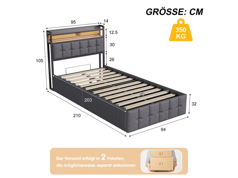 Lit coffre 90x200 avec led et usb, lit simple avec espace de rangement hydraulique cadre de lit rembourré avec tete de lit lits 1 place pour adolescent et chambre d'amis gris lin, sans matelas - Conforama C