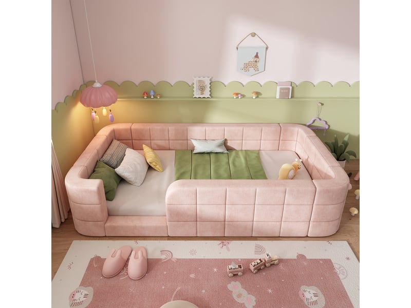  Lit enfant au sol 90x190 cm, rembourré en chenille, avec entourage rembourré et accès bas, avec sommier à lattes inclus, matelas non inclus, rose Luxe haut de gamme - Conforama B