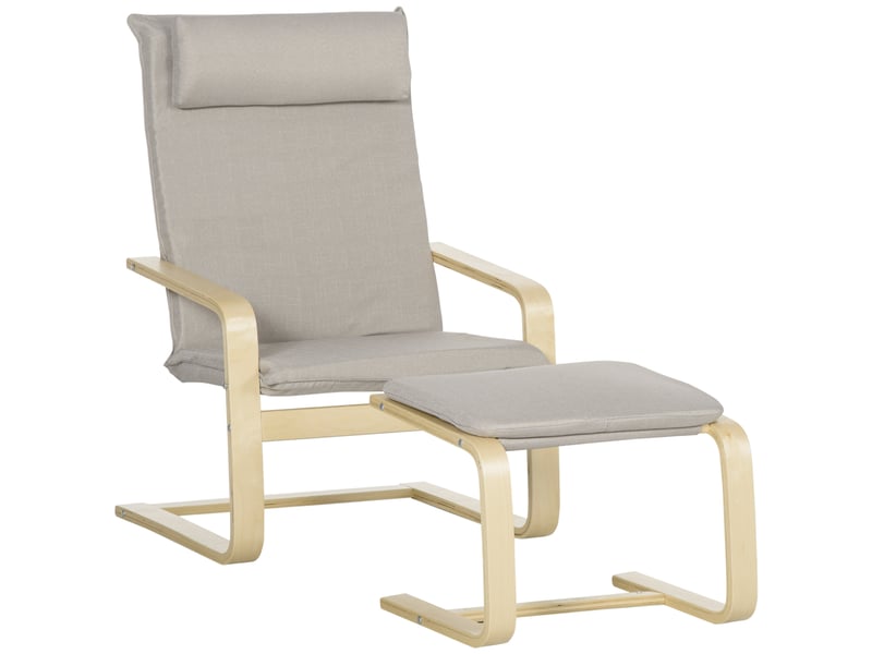  Fauteuil relax avec pouf et repose-pieds, en bois et tissu, avec appui-tête, 67 x 69 x 100 cm, gris  - Conforama A