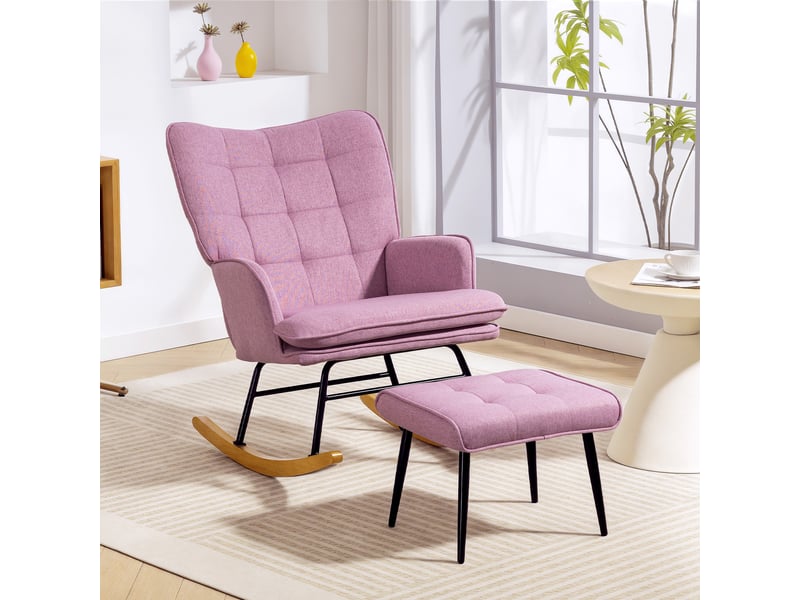  Fauteuil à bascule avec repose-pieds, coussin rembourré, accoudoirs, dossier haut, pieds en bois, capacité de charge 130 kg, rose  - Conforama C