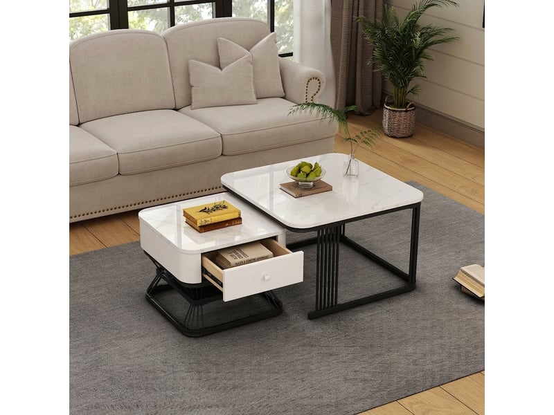  Lot de 2 tables basses gigognes carrées effet marbre avec 1 tiroir 70x70cm + 50x50cm mdf et métal blanc et noir  - Conforama B