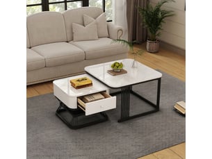 Lot de 2 tables basses gigognes carrées effet marbre avec 1 tiroir 70x70cm + 50x50cm mdf et métal blanc et noir