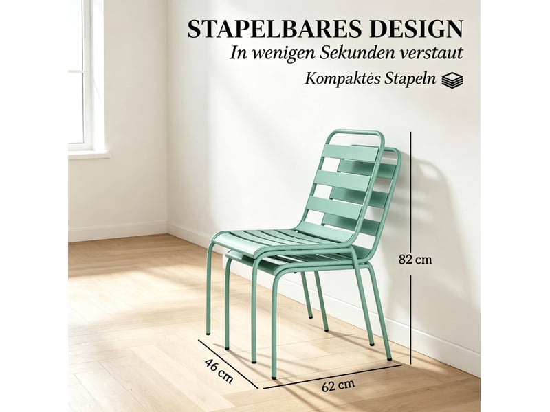 Lot de 2 chaises de jardin empilables 46 x 58 x 78 cm vertes en acier, repas en extérieur, patins réglables - Conforama C