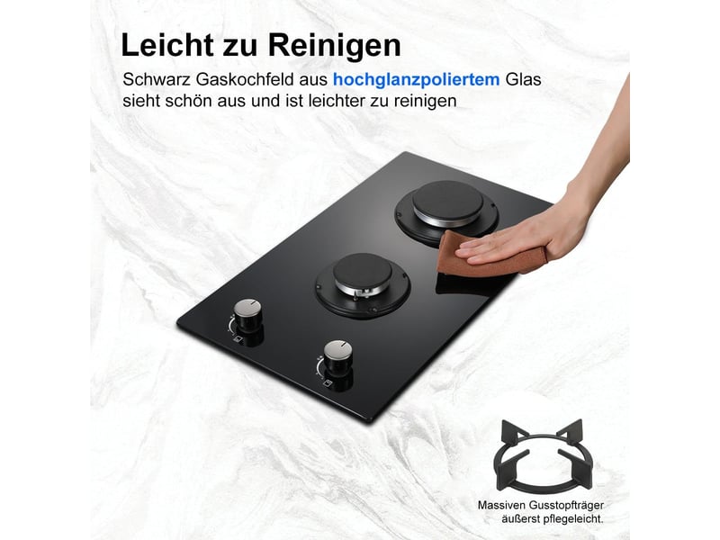 Plaque de cuisson gaz 2 feux, table de cuisson gaz 30 cm noire en verre trempé, 4200 w, encastrable, allumage électronique - Conforama D